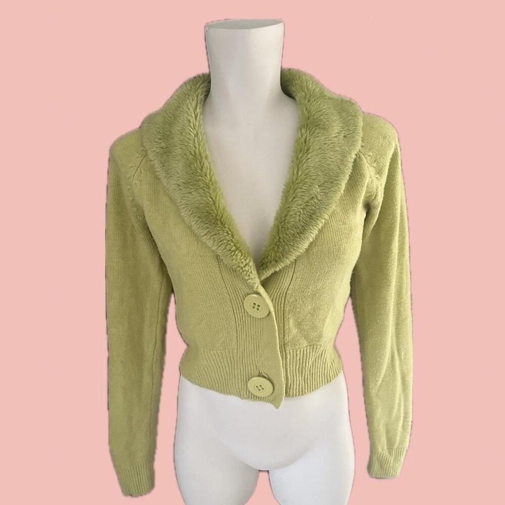 Vintage Y2K Razzle Dazzle Green Faux Fur Collar Cardigan – Made in Korea S
